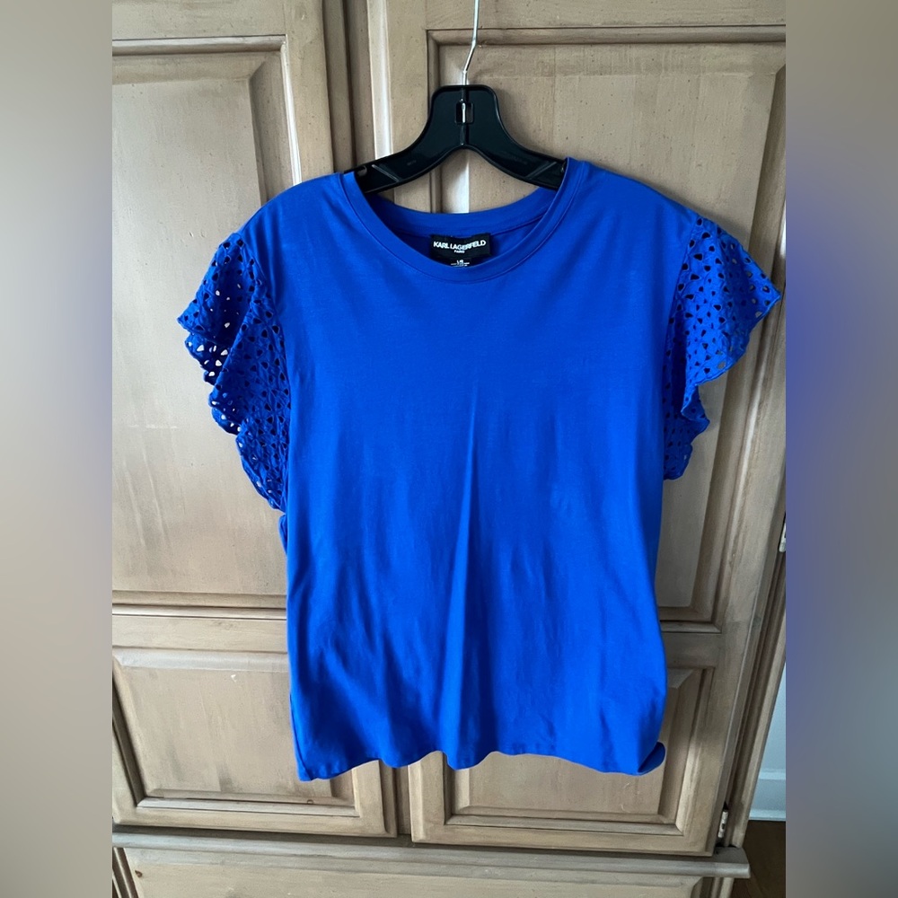 Karl Lagerfeld Blue Eyelet Sleeve Women's Top